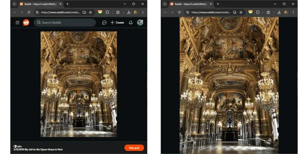 A Reddit photo of the Paris Opera's grand foyer, first with Reddit's header and footer around it, then filling the window without them