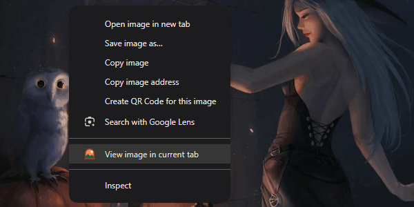 Chrome's image menu with Bellevue's View image in current tab item under Search with Google Lens
