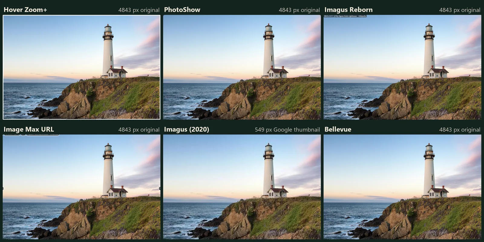 Six crops of the same Google Images result for lighthouse in Firefox, one per add-on: Hover Zoom+, PhotoShow, Imagus Reborn, Image Max URL and Bellevue each show Pigeon Point Lighthouse from its 4843-pixel original, and Imagus (2020) shows Google's 549-pixel thumbnail