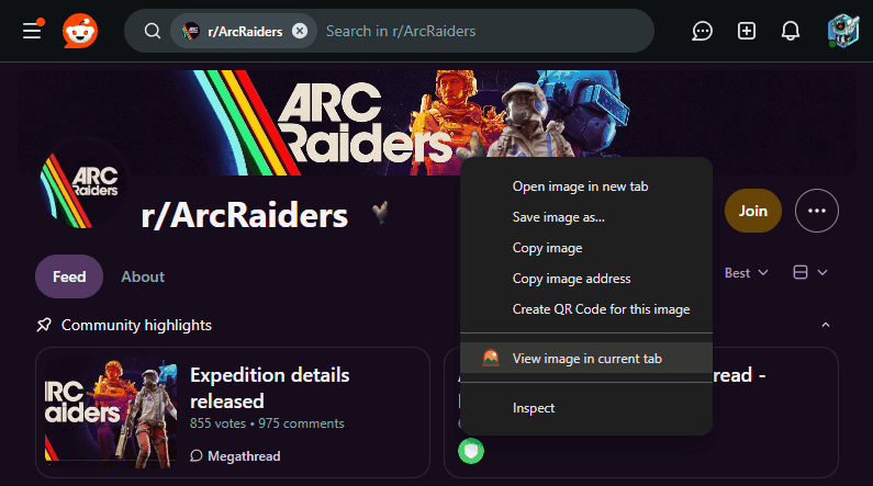 The right-click menu over the same banner with Bellevue installed: Open image in new tab, Save image as and the other image options, with Bellevue's View image in current tab near the bottom