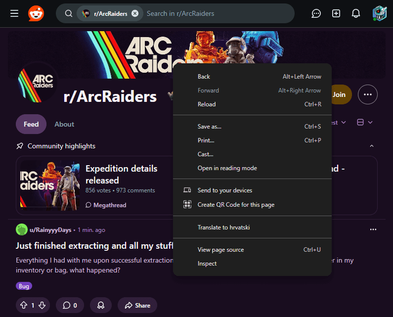 Chrome's right-click menu over r/ArcRaiders' banner: Back, Reload, Save as, Print and Inspect, the menu for a page, with no Open image in new tab