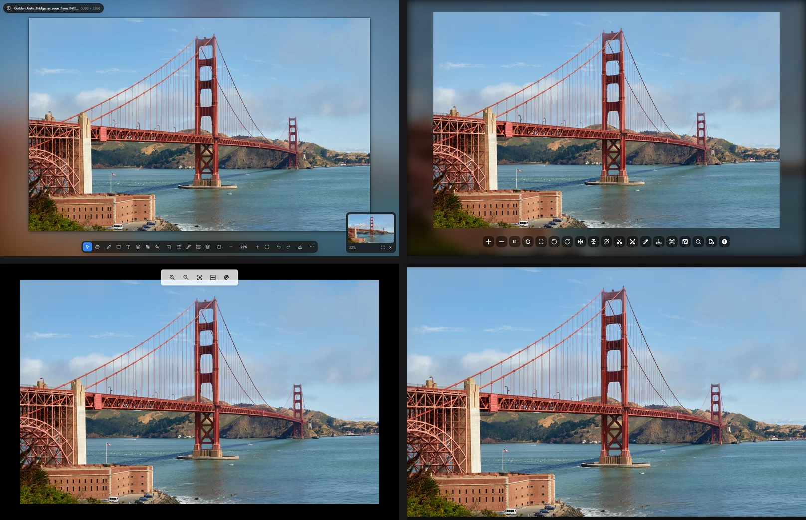 Four screenshots of the same Golden Gate Bridge photo opened in its own tab: BetterViewer with its editing toolbar and navigator, OpenImage Viewer with a row of round buttons, Oolong Image Viewer with five zoom buttons above the photo, and Bellevue with no controls on screen