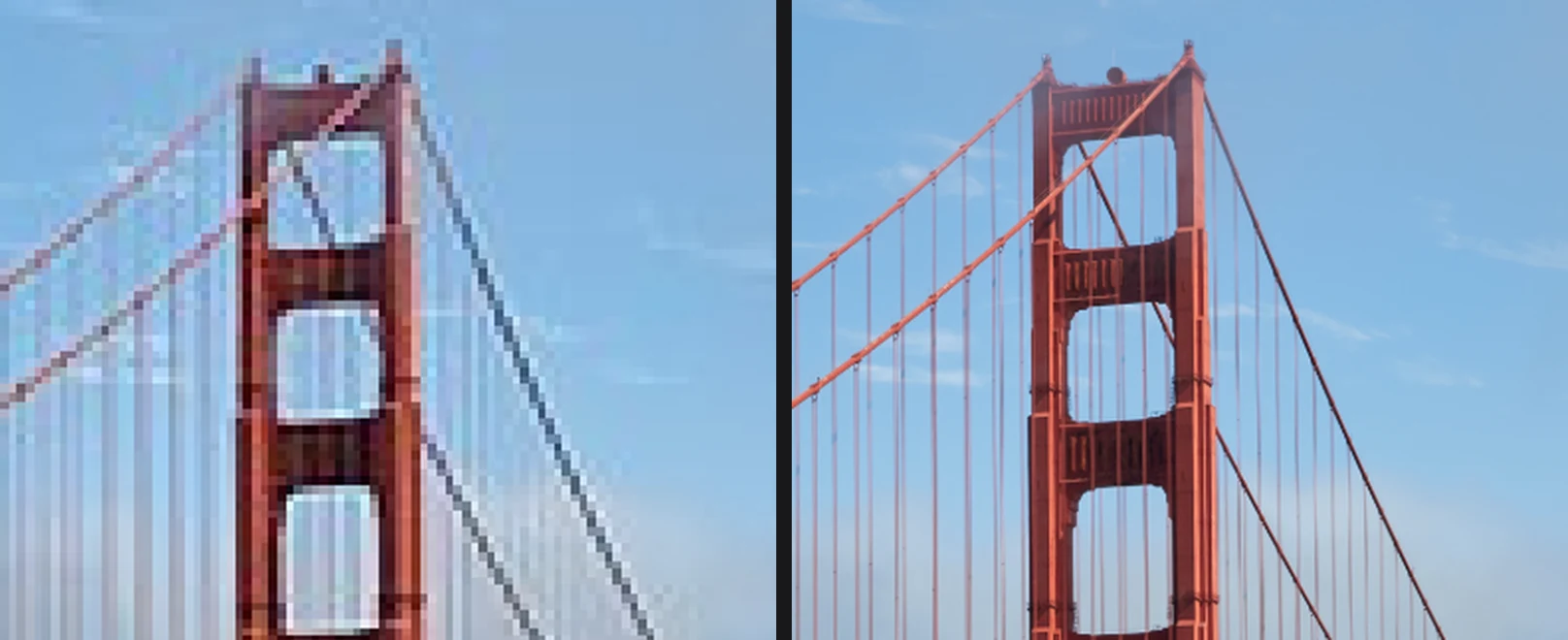 Two crops of the top of the Golden Gate Bridge's south tower at the same size: on the left the Wikipedia thumbnail fitted to the window by BetterViewer, blocky and blurred, on the right the original opened by Bellevue, with the tower's panels and every suspender cable sharp