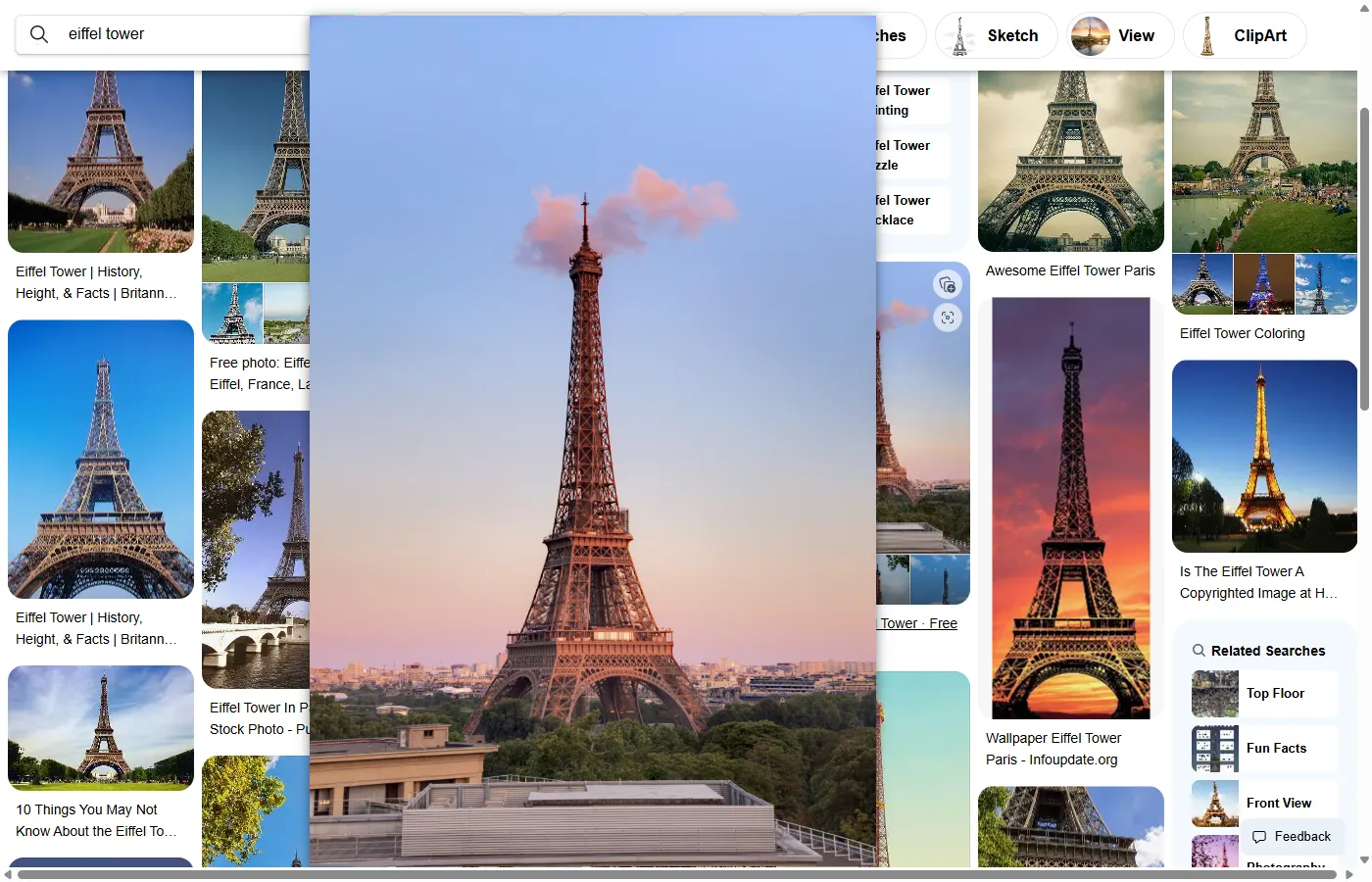 A Bing Images search for eiffel tower: Bellevue's hover popup shows one result's file, a Pexels photo of the tower under a pink cloud, 3630 by 5454 pixels, over the grid of small thumbnails