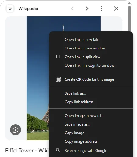 Chrome's right-click menu over the preview of the Wikipedia result, with Open image in new tab, Save image as, Copy image, Copy image address and Search image with Google