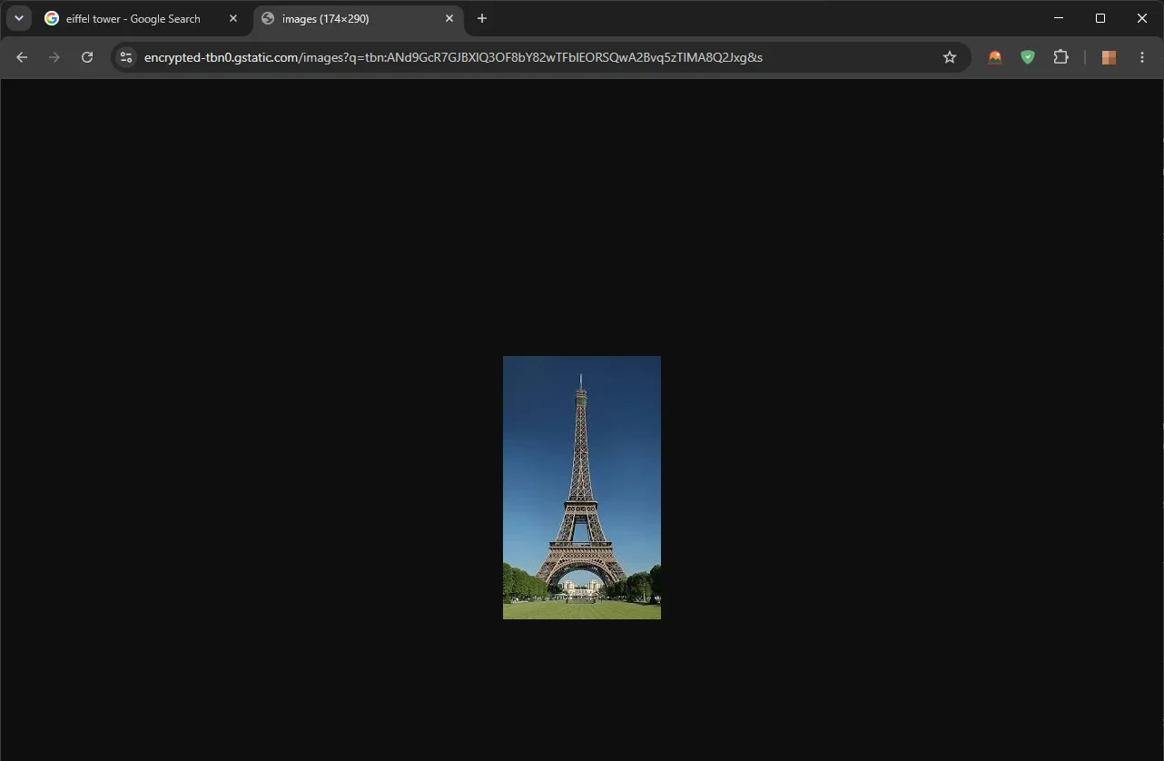 Google's thumbnail of the first eiffel tower result opened in its own tab: a 174 × 290 image small in the middle of an empty dark window, its address on encrypted-tbn0.gstatic.com
