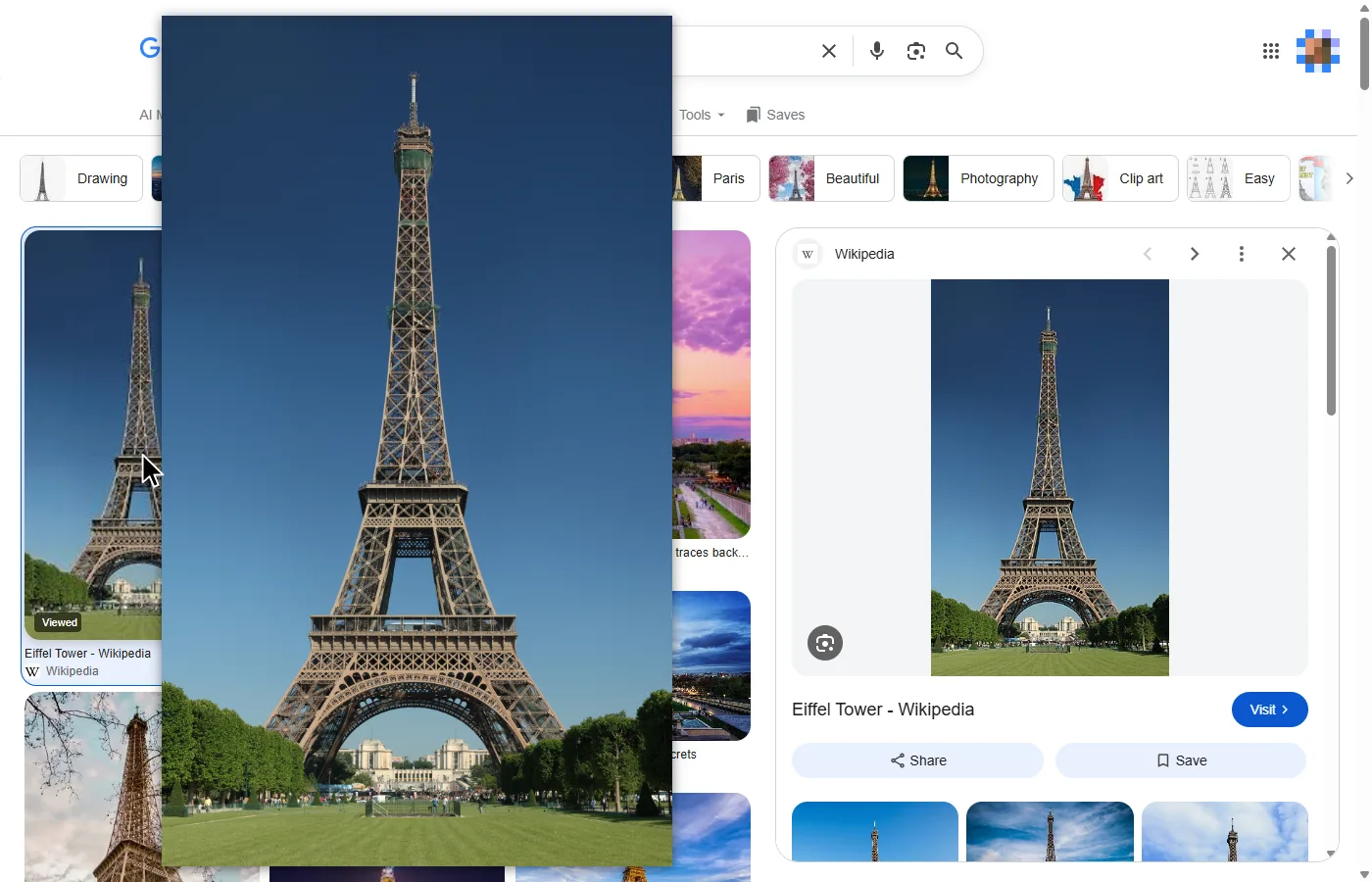 A Google Images search for eiffel tower: Bellevue's hover popup shows the first result, a Wikimedia Commons photo of the tower, at 2900 pixels wide over the grid, while Google's preview panel on the right shows the 330-pixel copy Wikipedia serves