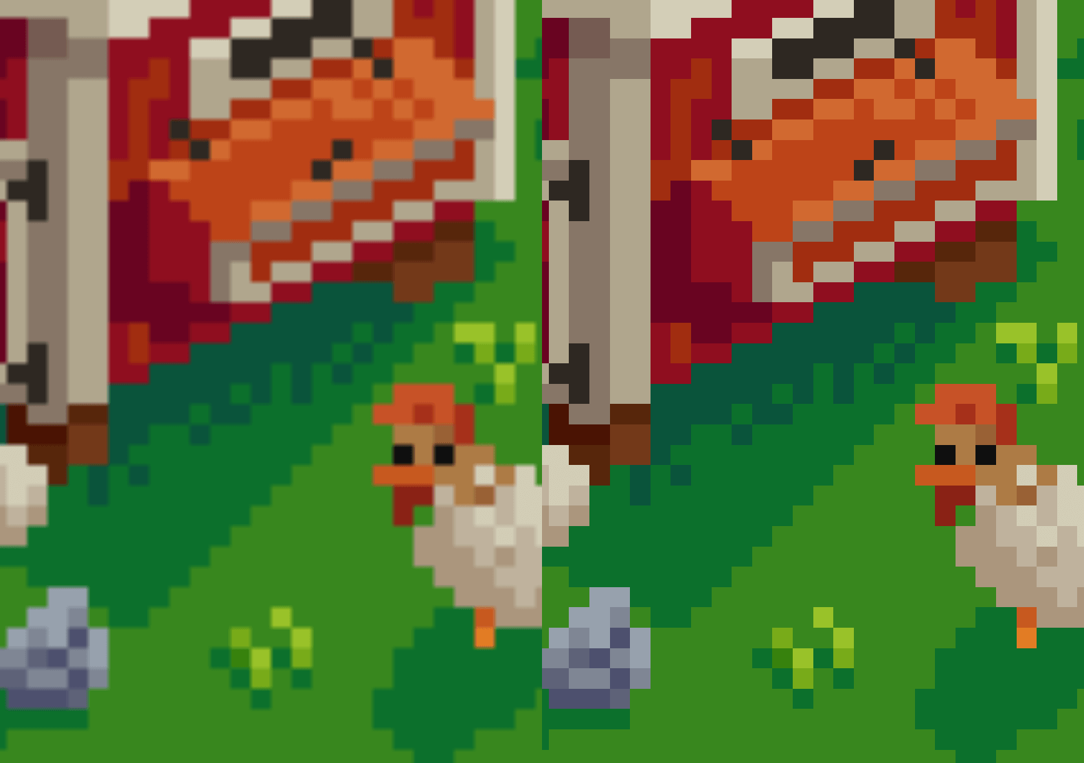 The same zoomed-in pixel art twice, a small bird on green grass under red and orange blocks, blurred on the left and in crisp square pixels on the right