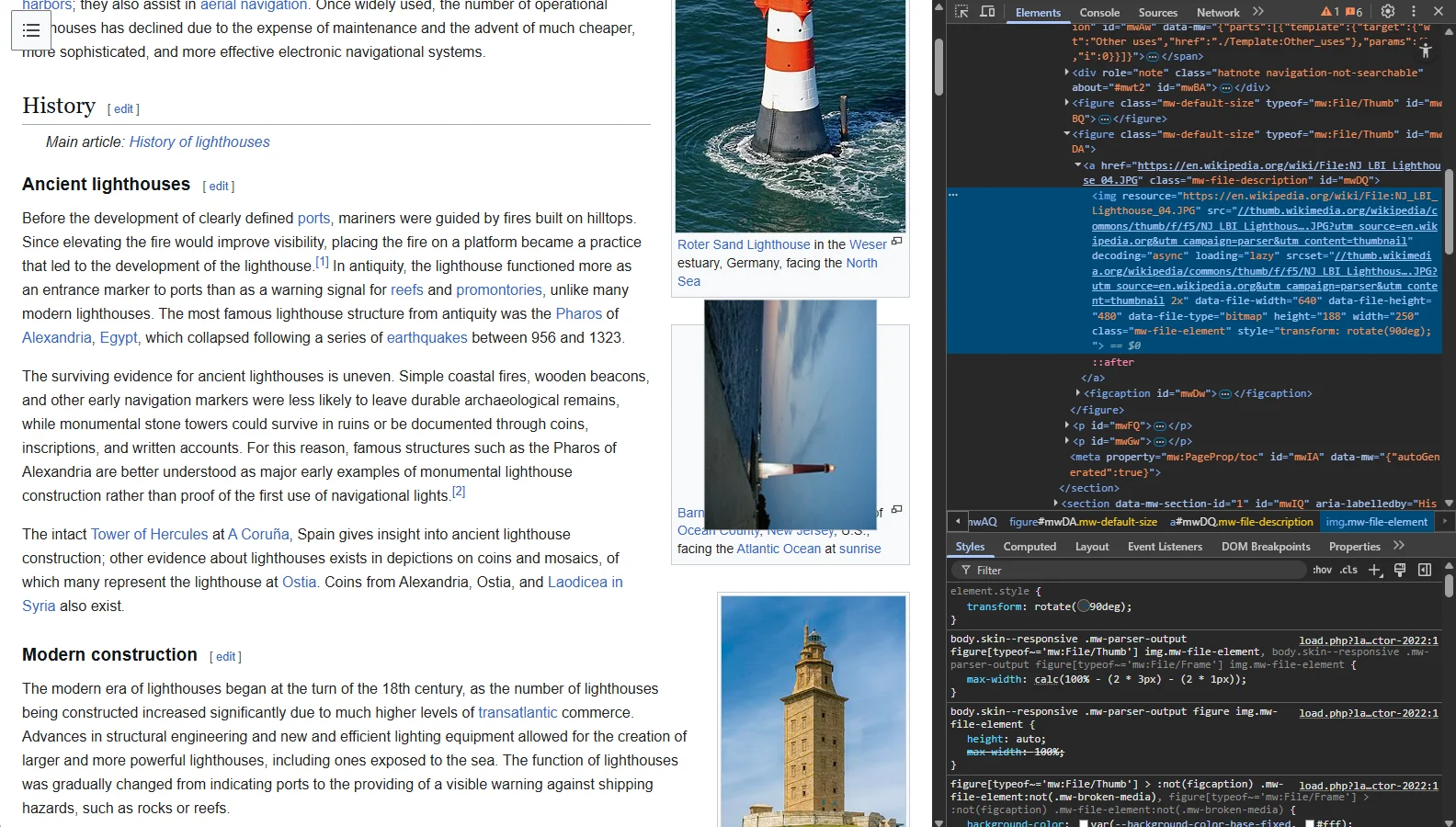 Wikipedia's Lighthouse article with a sunrise photo of Barnegat Lighthouse turned on its side over its own caption, and Chrome's developer tools beside it showing the image selected and transform: rotate(90deg) under element.style