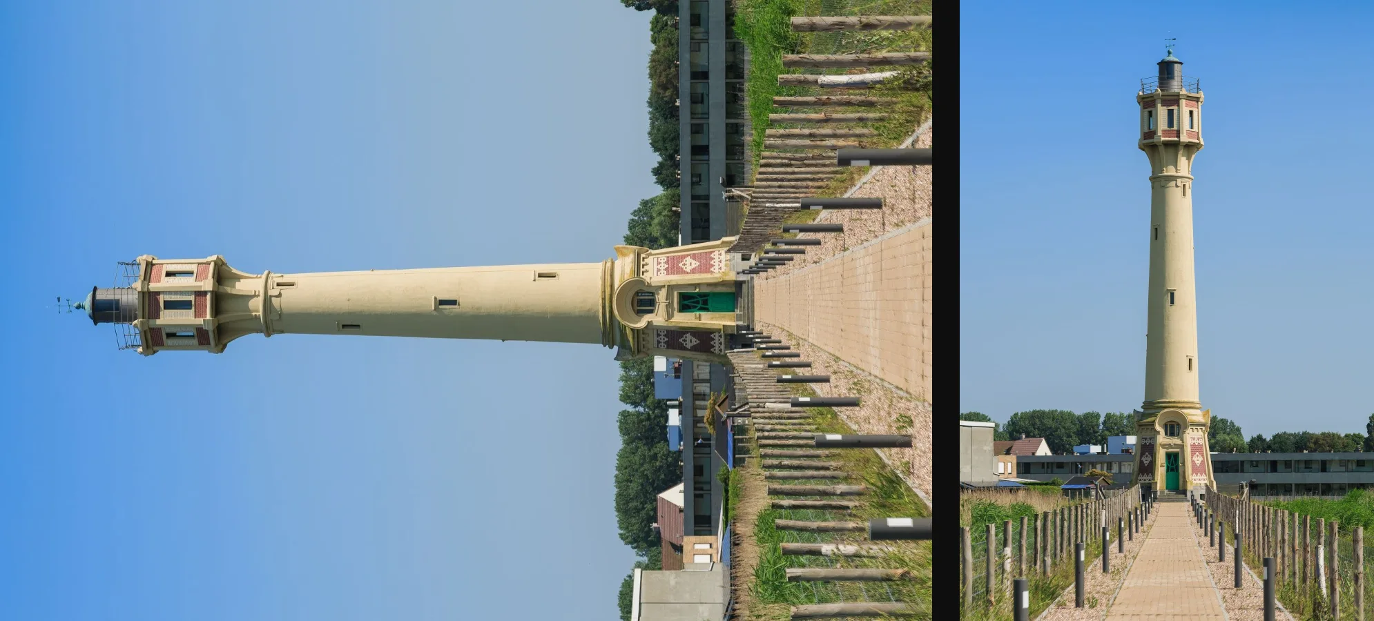 The same lighthouse photo twice in Chrome, lying on its side on the left and standing upright on the right
