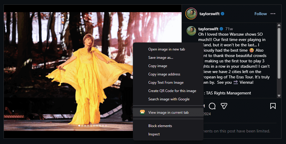 Right-click context menu on Instagram image with Open image in new tab option enabled
