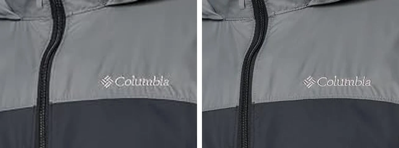 The chest of a Columbia rain jacket, twice: on the left from the 522-pixel copy the listing loads, enlarged, with the zip teeth and the embroidered logo soft and blurred together; on the right from the seller's upload at the same scale, with each zip tooth and the stitching of the logo distinct