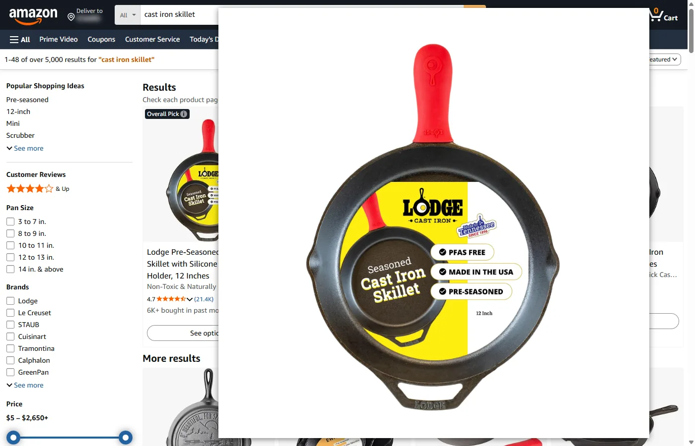 An Amazon search for cast iron skillet: Bellevue's hover popup shows the first result, a Lodge skillet, from its 2200-pixel original over the grid of results, where the same photo is 320 pixels tall