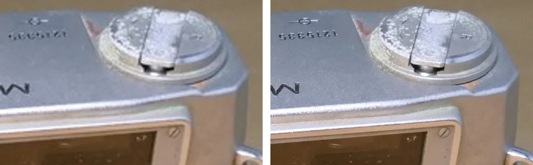 The top plate of a Mamiya Ruby camera, twice: on the left from the 500-pixel copy eBay's search results load, enlarged, with the engraved serial number and the corrosion on the shutter dial soft and smeared; on the right from the 1600-pixel copy at the same scale, with each digit of the serial number and the pitting on the dial distinct