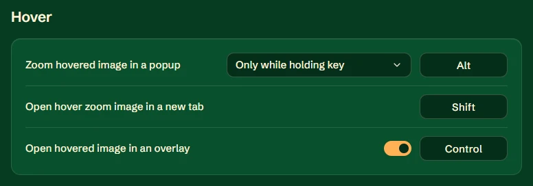 Bellevue's Hover settings: Zoom hovered image in a popup set to Only while holding key with Alt, Open hover zoom image in a new tab set to Shift, and Open hovered image in an overlay switched on with Control