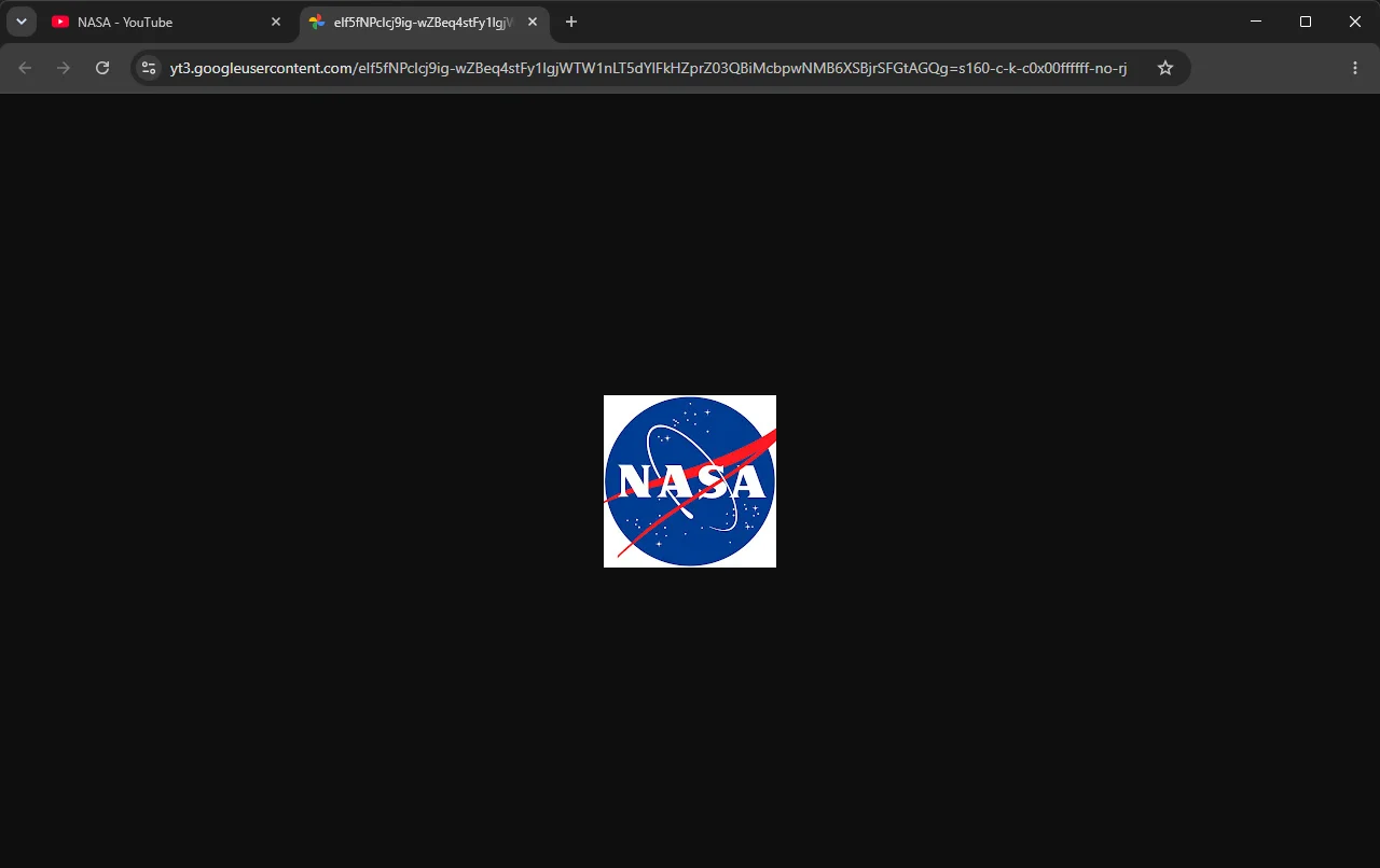 NASA's YouTube profile picture opened in its own tab without an extension: a 160 × 160 image small in the middle of an empty dark window, its address ending in =s160-c-k-c0x00ffffff-no-rj