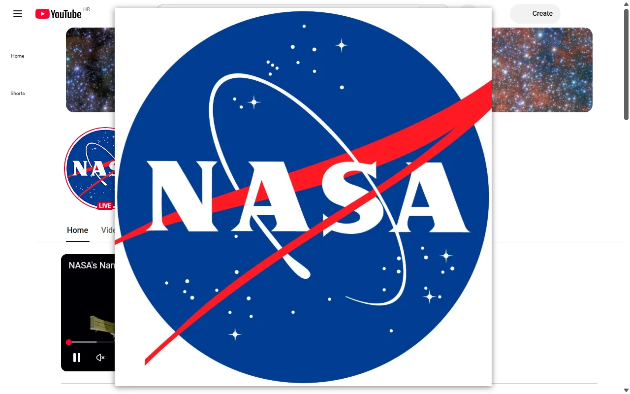 NASA's YouTube channel page with Bellevue's hover popup beside the channel's small round profile picture, showing it at 1359 pixels