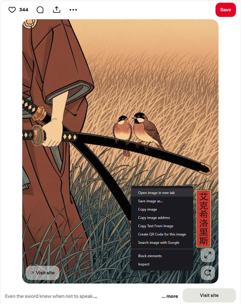 Right-click context menu on a Pinterest image