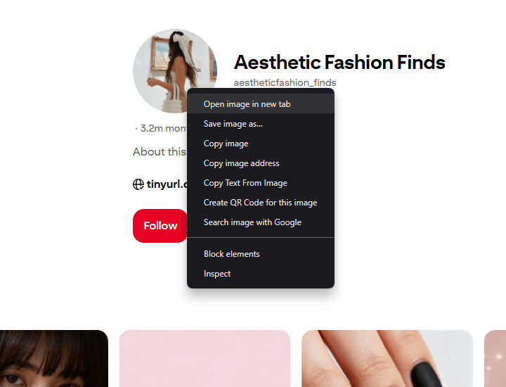 Chrome's right-click menu over a Pinterest profile's round picture, with Open image in new tab at the top
