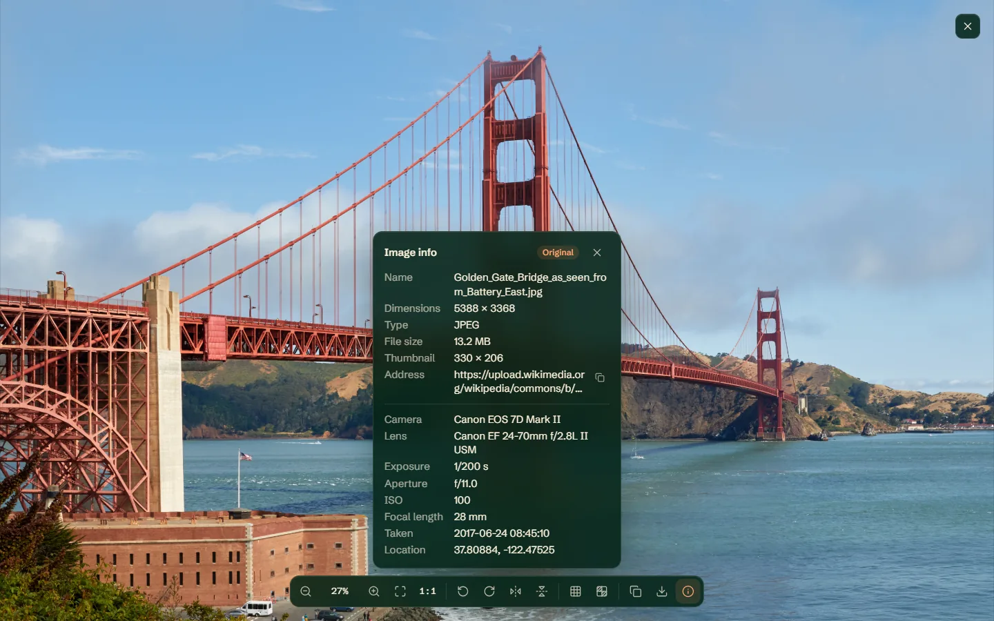 A photo of the Golden Gate Bridge open in Bellevue's viewer over Wikipedia, with the image info panel marked Original and listing the thumbnail's size, the camera, lens, exposure, aperture, ISO, focal length, date taken and GPS location