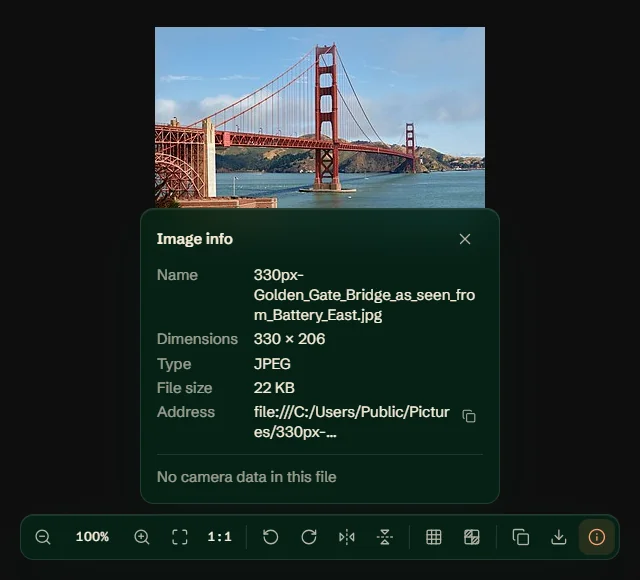 The 330 by 206 pixel Wikipedia thumbnail of the Golden Gate Bridge in Bellevue's viewer, with the image info panel listing its name, dimensions, type and 22 KB size, and the line No camera data in this file