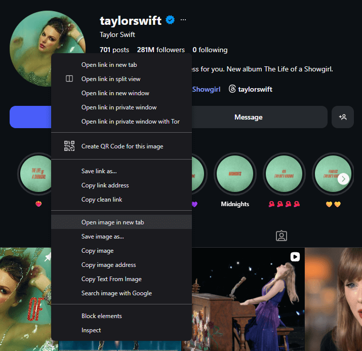 Chrome's right-click menu over Taylor Swift's Instagram profile picture, with Open image in new tab highlighted