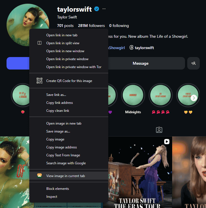 Instagram profile picture with Bellevue context menu options
