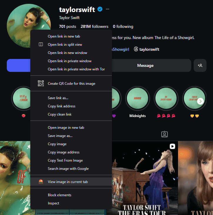 The right-click menu on the same profile picture, with Bellevue's View image in current tab added near the bottom