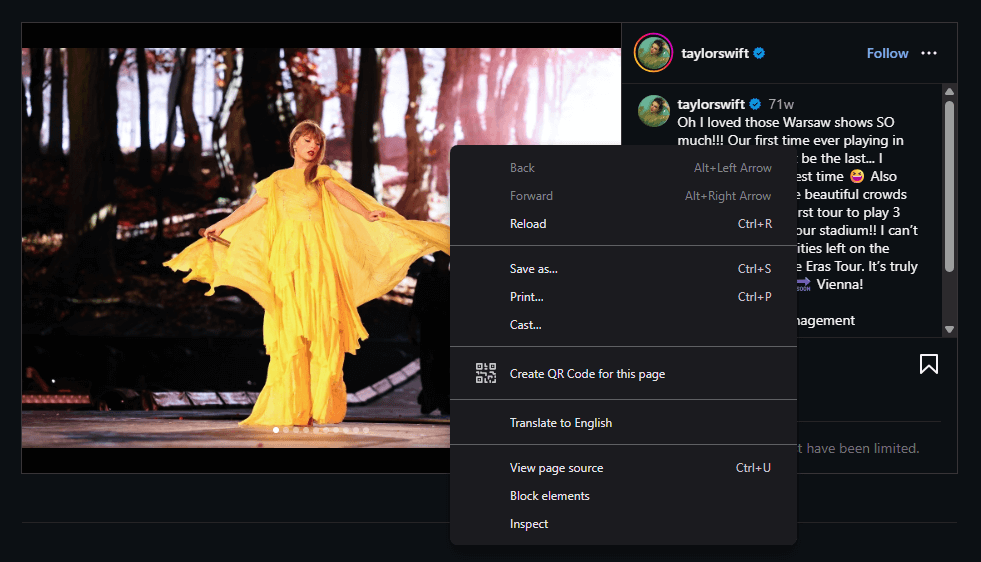 Chrome's right-click menu over the photo in an Instagram post: Back, Reload, Save as, Print and Inspect, the menu for a page, with no Open image in new tab, Save image as or Copy image