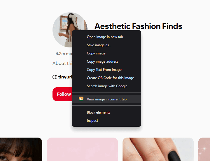 Pinterest profile picture with Bellevue context menu options