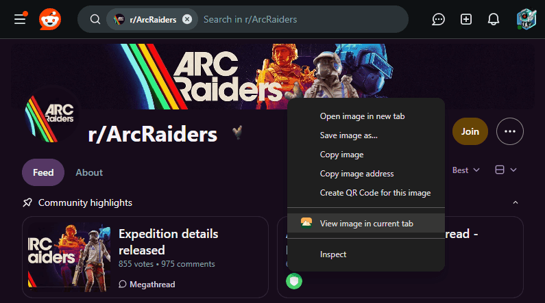 Right-click context menu on a Reddit banner with Bellevue options