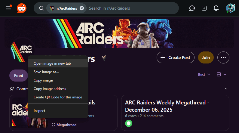 Right-click context menu on a Reddit profile picture showing Open image in new tab option