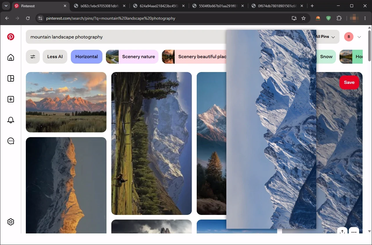 A Pinterest search for mountain landscape photography with Bellevue's popup showing a snowy ridge, and four image tabs opened beside the Pinterest tab